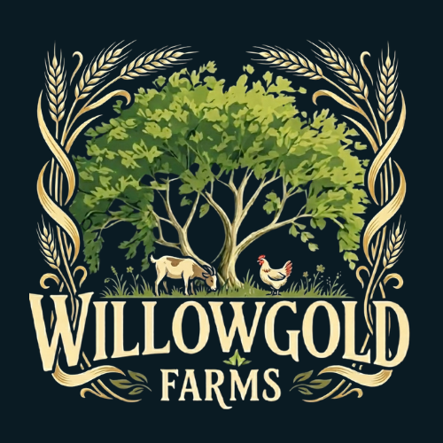 Dark cottagecore logo for Willowgold Farms featuring a spreading willow tree, a grazing goat, and a chicken framed by golden wheat stalks on a dark blue background.