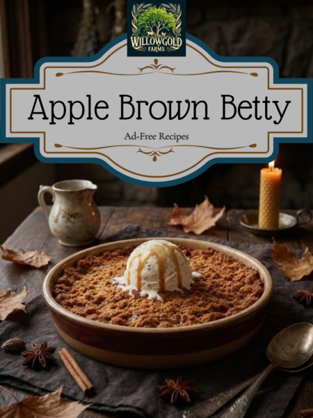 A warm serving of Apple Brown Betty in a white bowl, showing the golden brown, crispy breadcrumb topping and bubbling spiced apple filling, topped with a melting scoop of vanilla ice cream.
