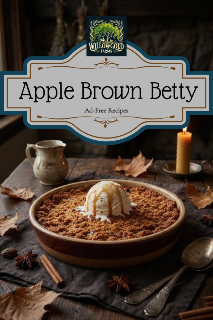 A warm serving of Apple Brown Betty in a white bowl, showing the golden brown, crispy breadcrumb topping and bubbling spiced apple filling, topped with a melting scoop of vanilla ice cream.