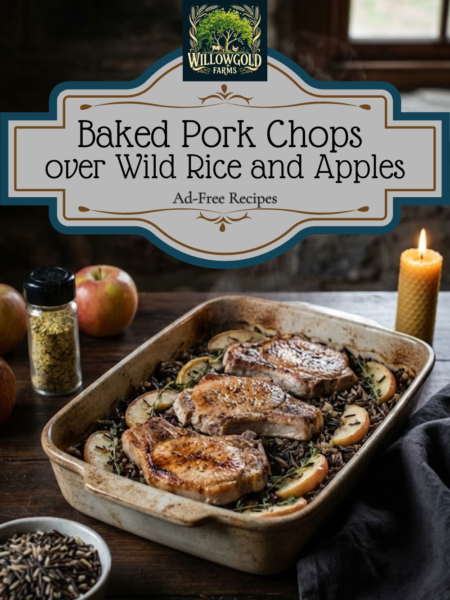 A rectangular ceramic baking dish filled with golden-brown baked pork chops sitting on a bed of wild rice and apple pilaf, placed on a dark wooden table surrounded by whole apples, dry rice grains, and a vintage serving spoon.