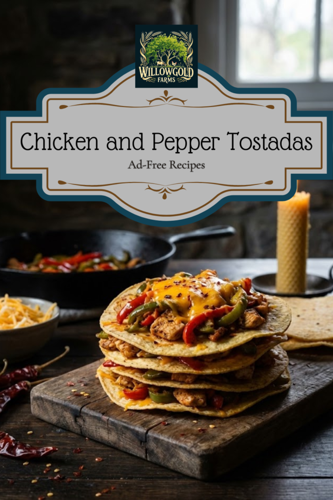 A rustic wooden table displaying a crispy corn tortilla tostada piled high with seasoned sautéed chicken, colorful bell peppers, and melted sharp cheddar cheese, illuminated by moody natural light.