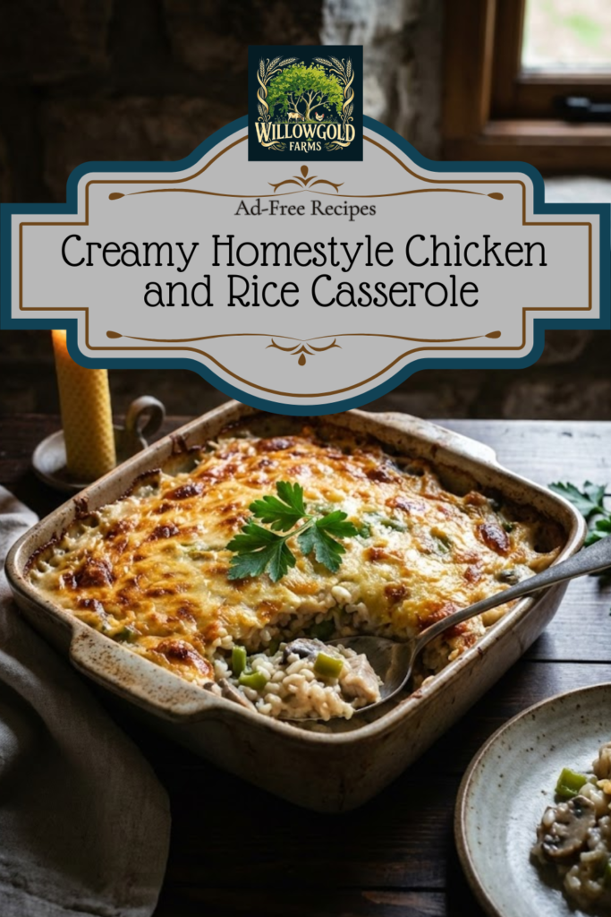 A square ceramic baking dish filled with bubbling, creamy chicken and rice casserole dotted with green peppers and mushrooms, sitting on a dark wooden table next to a vintage serving spoon and fresh parsley.