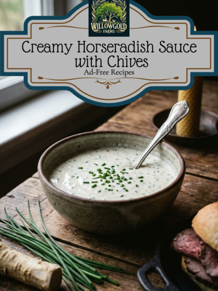 A small rustic ceramic bowl filled with creamy horseradish sauce speckled with fresh green chives, sitting on a dark wooden table next to a vintage spoon and fresh herbs.
