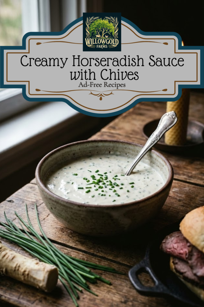 A small rustic ceramic bowl filled with creamy horseradish sauce speckled with fresh green chives, sitting on a dark wooden table next to a vintage spoon and fresh herbs.