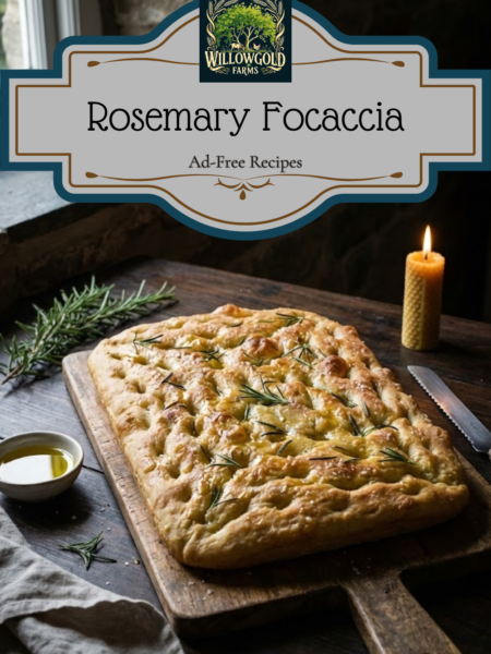 A rustic sheet pan of golden-brown focaccia bread, dimpled and glistening with olive oil, sprinkled with fresh rosemary and coarse salt, resting on a dark wooden table next to a bottle of olive oil and fresh herbs.