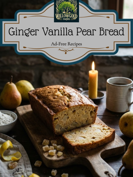 A rustic loaf of golden-brown pear bread sitting on a dark wooden table, surrounded by fresh Bartlett pears, scattered crystallized ginger, and a vintage knife. A slice is cut to show the moist crumb and chunks of fruit.