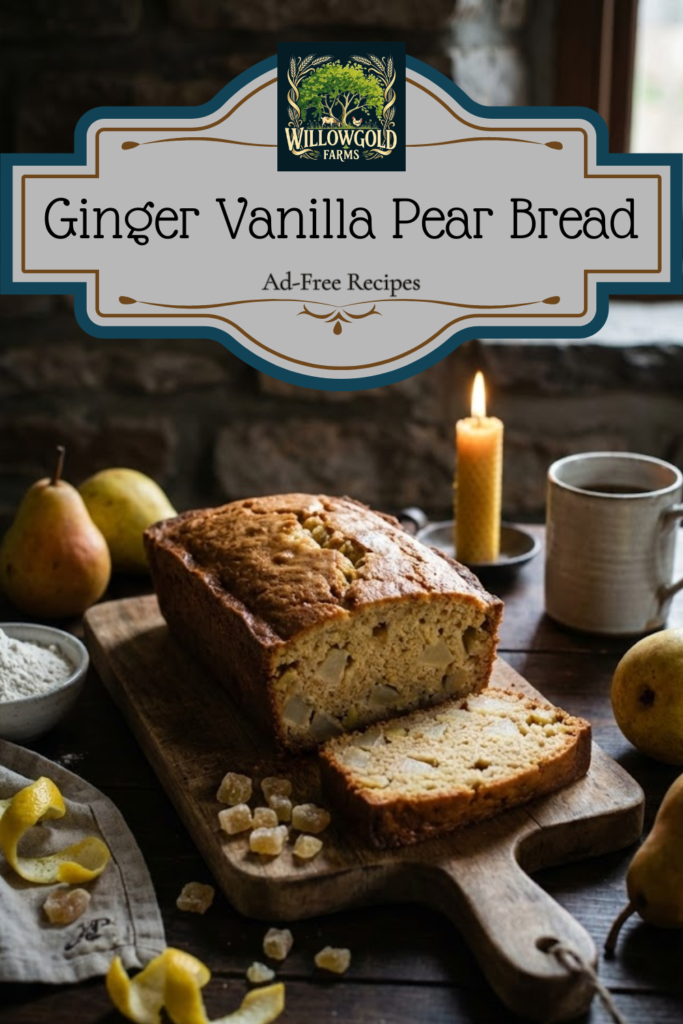 A rustic loaf of golden-brown pear bread sitting on a dark wooden table, surrounded by fresh Bartlett pears, scattered crystallized ginger, and a vintage knife. A slice is cut to show the moist crumb and chunks of fruit.