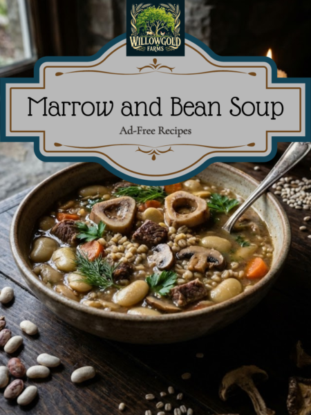 Rustic ceramic bowl of mushroom and barley soup with large lima beans and beef, sitting on a dark wood table next to raw marrow bones, dried mushrooms, and fresh dill.