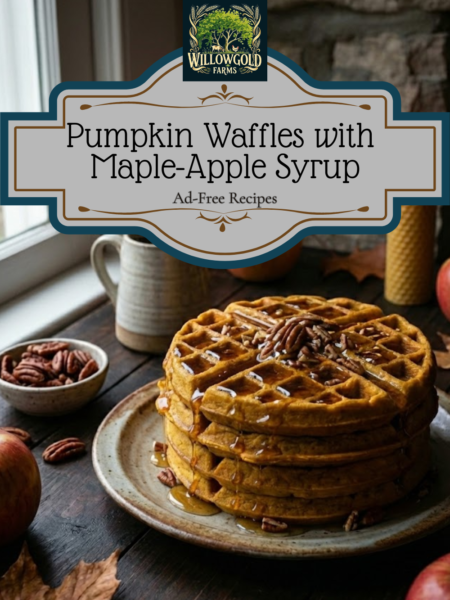 A stack of golden pumpkin waffles generously topped with chopped pecans and glistening maple-apple syrup, sitting on a dark rustic table surrounded by small pumpkins, cinnamon sticks, and a vintage syrup pitcher.