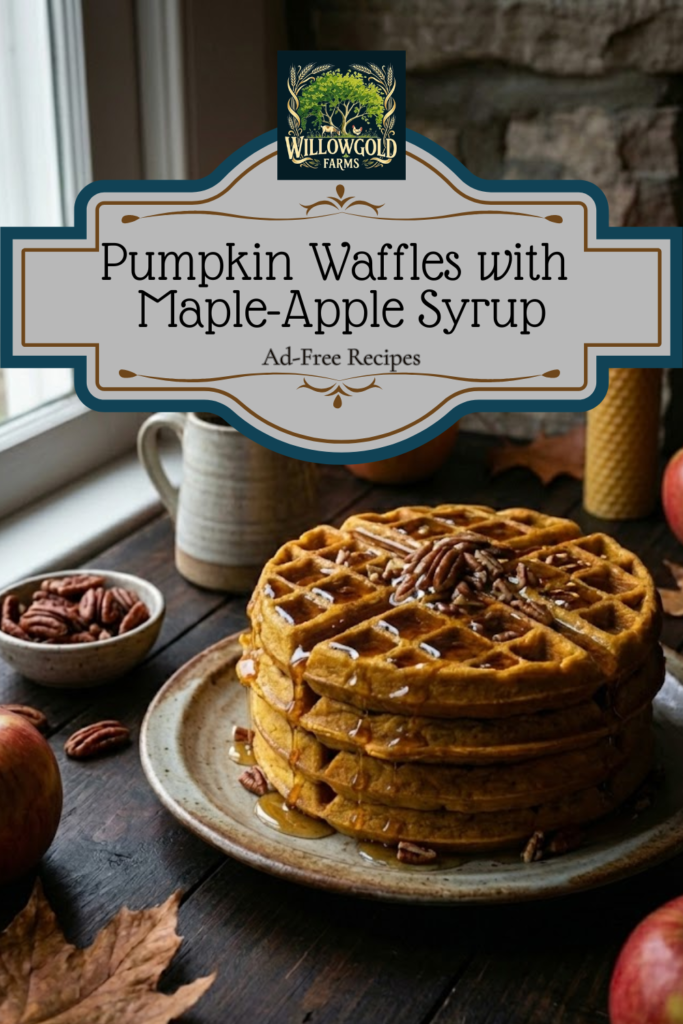 A stack of golden pumpkin waffles generously topped with chopped pecans and glistening maple-apple syrup, sitting on a dark rustic table surrounded by small pumpkins, cinnamon sticks, and a vintage syrup pitcher.