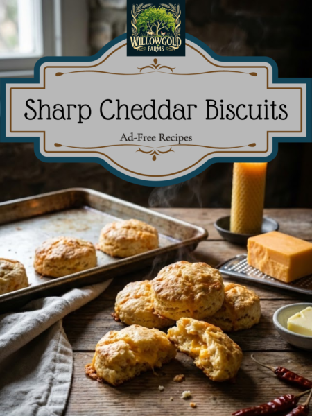A wire cooling rack holding golden-brown cheddar cheese biscuits on a dark wooden table, surrounded by a block of sharp cheddar, a vintage biscuit cutter, and a bowl of flour.