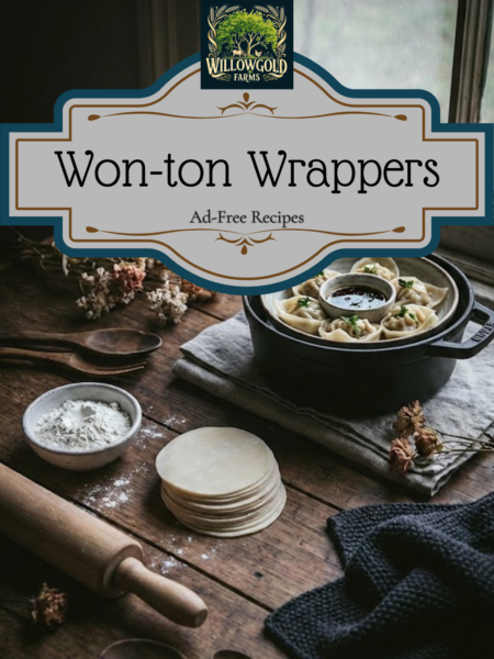 A moody, dark cottagecore style image of a rustic wooden kitchen table. The scene features a neat stack of fresh, round raw wonton wrappers, a vintage wooden rolling pin, a small ceramic bowl of flour, and a cast iron pot filled with cooked dumplings. Natural window light illuminates the flour texture and the linen cloth.