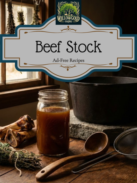 A mason jar filled with dark homemade beef stock sits on a rustic wooden table next to roasted beef shank bones, fresh thyme bundles, a wooden ladle, a fine mesh sieve, and a large black cast iron dutch oven by a window with dried herbs hanging in a dimly lit cottage kitchen.
