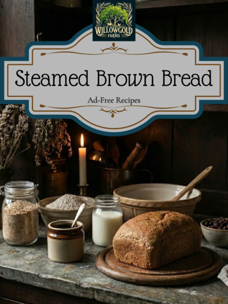 A rustic loaf of steamed Boston brown bread resting on a round wooden board in a dark cottagecore kitchen, surrounded by vintage stoneware bowls filled with whole wheat flour and baking ingredients.