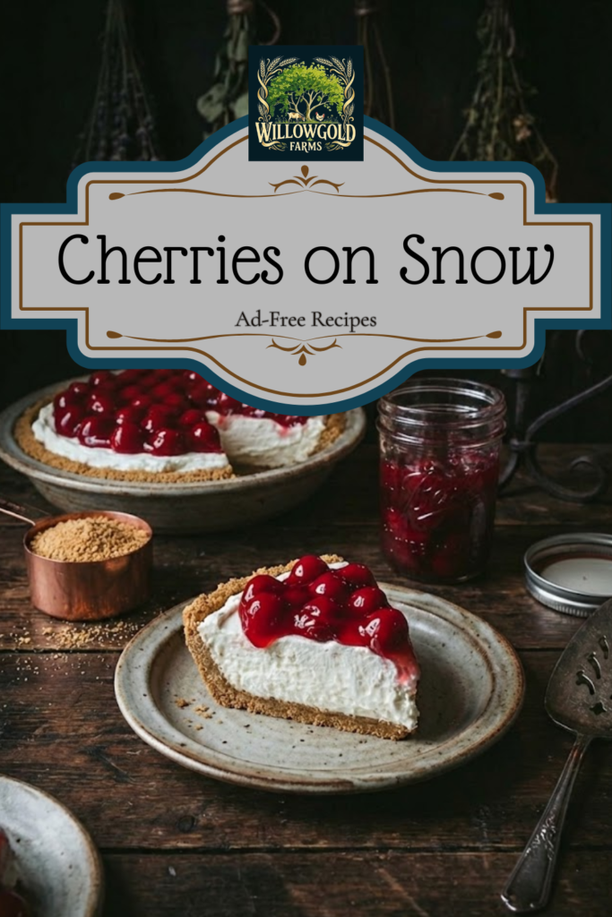 A slice of no-bake Cherry Snow Cake on a rustic ceramic plate featuring a thick graham cracker crust, fluffy white cream cheese filling, and bright red cherry topping. The background showcases the full pie, a vintage copper measuring cup with crumbs, and dried herbs hanging in a moody, dark cottagecore kitchen setting.