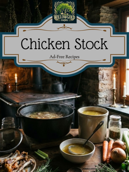 A rustic dark cottagecore kitchen scene featuring a large black cast iron pot of simmering chicken stock on a wood stove, next to a ceramic bowl filled with golden broth. The wooden table displays ingredients including roasted chicken bones, fresh carrots, whole onions, celery stalks, and bundles of dried herbs hanging against a stone wall background.