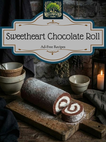 A chocolate sponge cake rolled with thick white cream filling, sitting on a rustic wooden cutting board. The cake is dusted with powdered sugar and has a slice cut to show the swirl. In the background, a candle burns in a lantern alongside dried herbs, creating a dark cottagecore atmosphere.