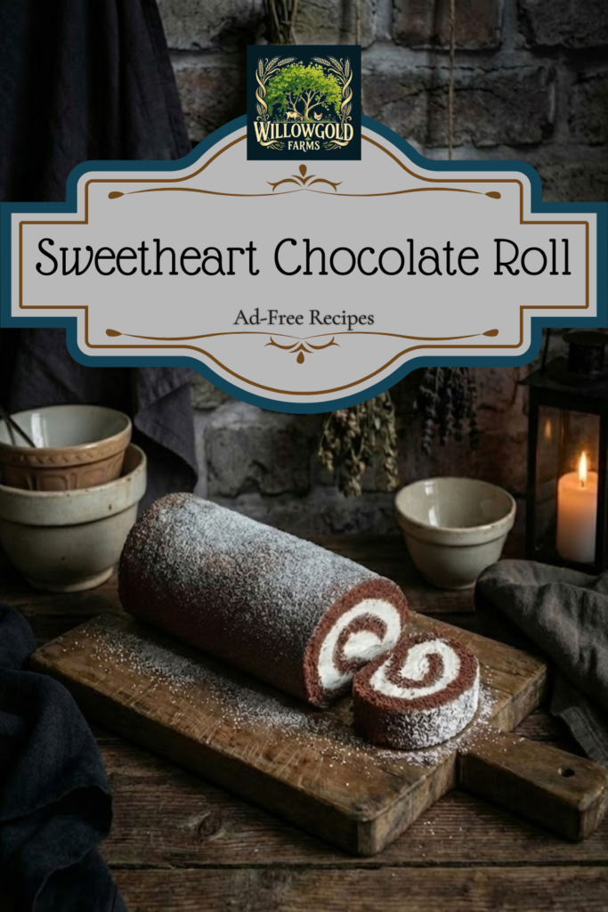 A chocolate sponge cake rolled with thick white cream filling, sitting on a rustic wooden cutting board. The cake is dusted with powdered sugar and has a slice cut to show the swirl. In the background, a candle burns in a lantern alongside dried herbs, creating a dark cottagecore atmosphere.