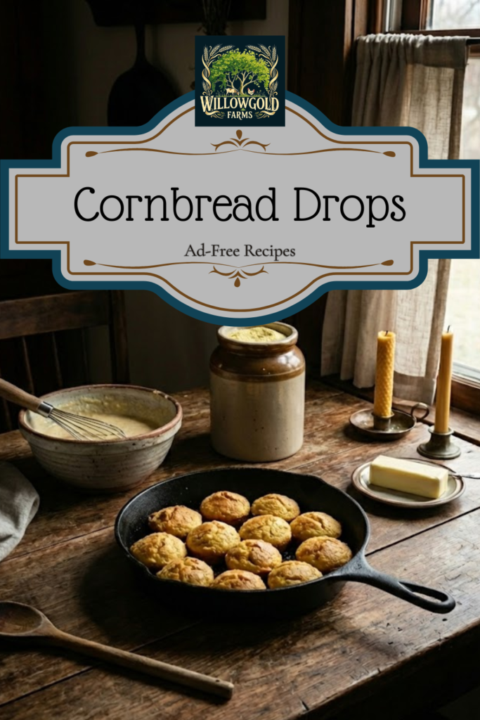 Golden brown cornbread drops arranged in a black cast iron skillet on a dark, distressed wooden table. Next to the skillet is a stoneware bowl filled with yellow cornmeal batter, a wooden spoon, a block of butter on a small plate, and beeswax candles near a window with natural light.