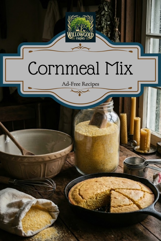 Rustic cornbread in a cast iron skillet with a slice removed, alongside a large glass jar of cornmeal with a wooden scoop, a ceramic mixing bowl, whisk, and measuring cups on a wooden table next to a window with dried herbs and candles.