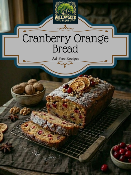 A golden-brown loaf of cranberry nut bread sits on a weathered wooden cutting board, with a thick slice cut to reveal the fluffy texture, red cranberries, and chopped nuts inside. Surrounding the bread are a ceramic bowl filled with fresh red cranberries, a bowl filled with whole and halved walnuts, and a vintage knife on a dark linen napkin.