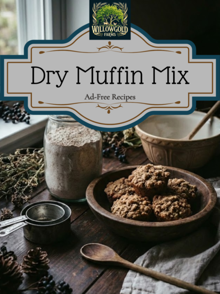 A glass jar filled with blended dry muffin mix sitting on a rustic dark wood table next to a wooden bowl of freshly baked muffins. Vintage metal measuring cups, a stoneware mixing bowl, and dried herbs surround the items near a window, creating a dark cottagecore atmosphere with natural light.