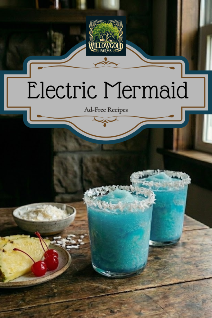 Two bright blue frozen cocktails with coconut rims served in vintage glasses on a dark wooden table, accompanied by a small plate of pineapple slices and red cherries in moody lighting.