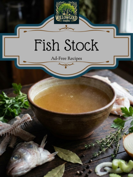 Steaming homemade fish stock in a rustic ceramic bowl surrounded by raw white fish trimmings, heads, herbs, and vegetables on a dark wooden table under natural light.