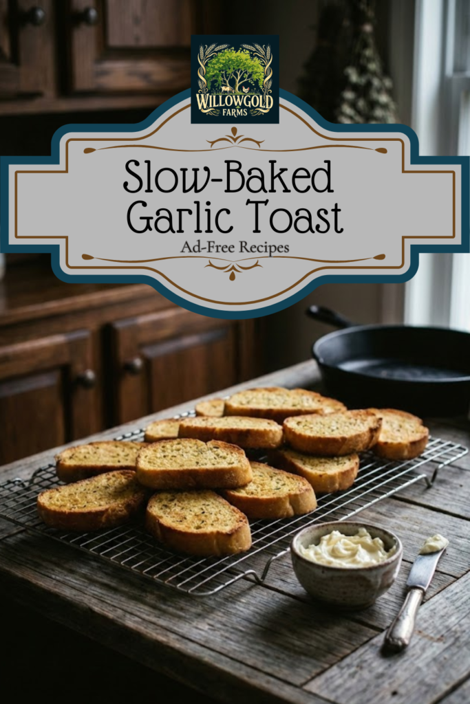 Piles of thick-cut, golden-brown slow-baked garlic toast resting on a wire cooling rack on a rustic wooden table. A small ceramic bowl of whipped garlic butter and a vintage knife sit beside the rack in a moody, dark cottagecore kitchen setting.