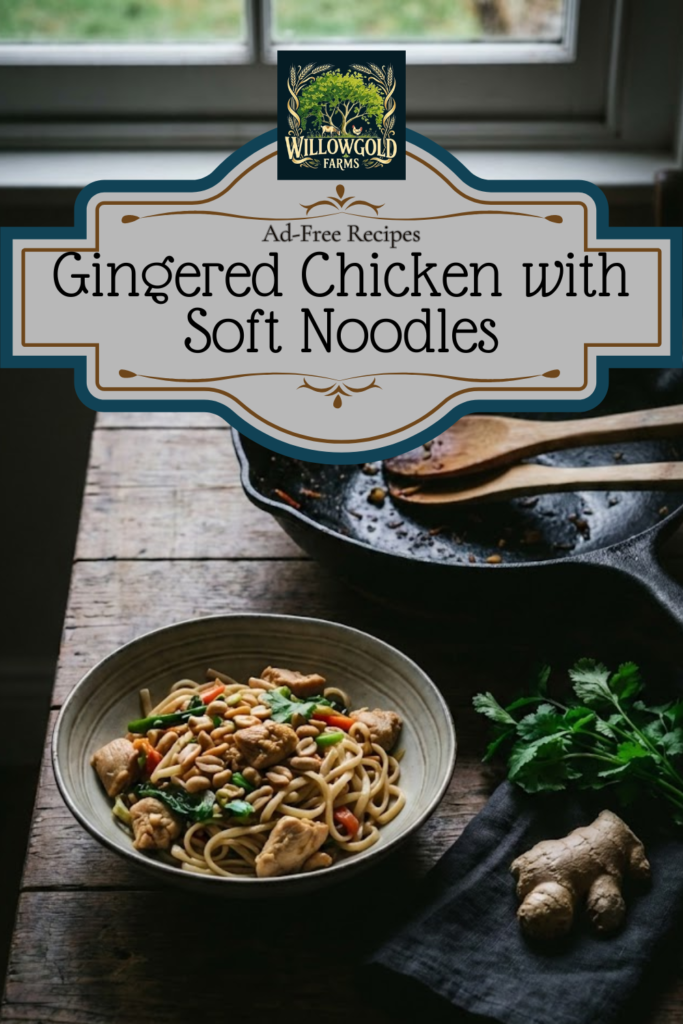 Rustic bowl of gingered chicken with soft noodles topped with chopped peanuts, sitting on a dark wooden table next to a seasoned iron wok and fresh ginger root.