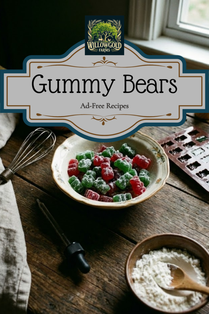 A ceramic bowl filled with homemade red and green gummy bears dusted in cornstarch, sitting on a rustic wooden table next to a copper saucepan, wire whisk, dropper, and silicone mold under natural window light.