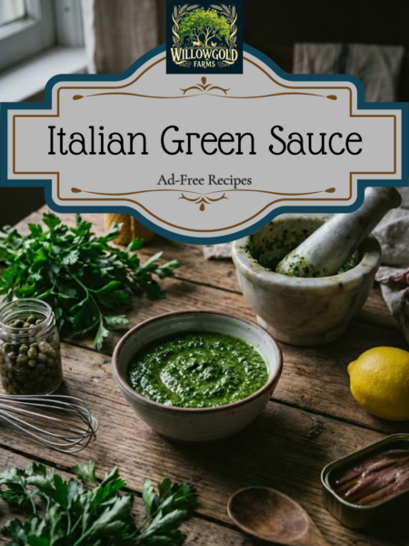 Rustic Italian Salsa Verde green sauce in a ceramic bowl on a dark wooden table surrounded by fresh parsley, capers, anchovies, and a marble mortar and pestle in a dark cottagecore aesthetic.