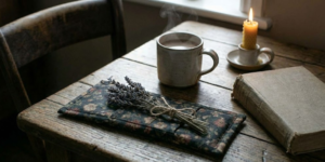 Finished dark floral fabric eye pillow resting on a wooden table with a vintage book, candle, and mug of tea in moody lighting.