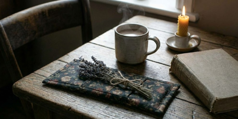 Finished dark floral fabric eye pillow resting on a wooden table with a vintage book, candle, and mug of tea in moody lighting.