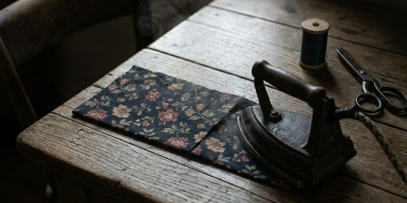 Dark floral fabric pieces arranged on a rustic wooden table, pinned together in preparation for sewing, with vintage scissors and thread spool in the background.