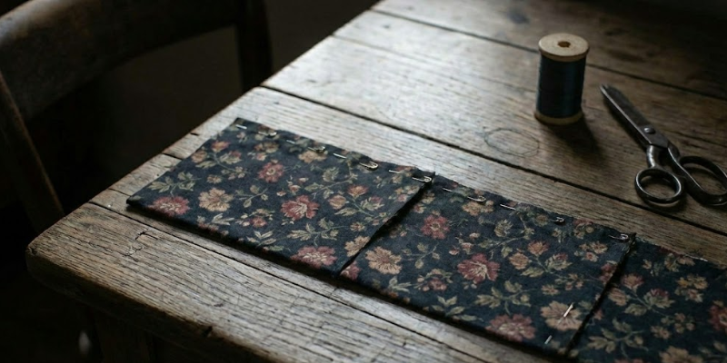 The patchwork front piece of dark floral fabric is pinned right-sides-together to the backing fabric piece, laid flat on a rustic wooden table. Vintage scissors and thread spool sit nearby.