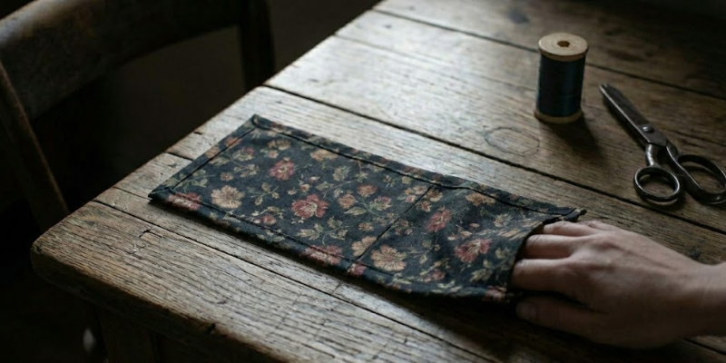 The sewn fabric tube turned right-side out and ironed flat on a dark wooden table, revealing the floral patchwork design, with vintage scissors nearby.