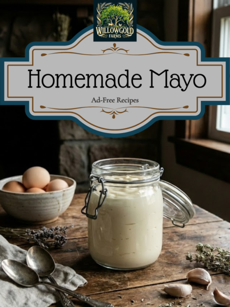 A vintage glass jar filled with thick, creamy homemade mayonnaise sitting on a dark wooden table, accompanied by fresh brown eggs, a wooden spoon, and a linen napkin in moody natural lighting.