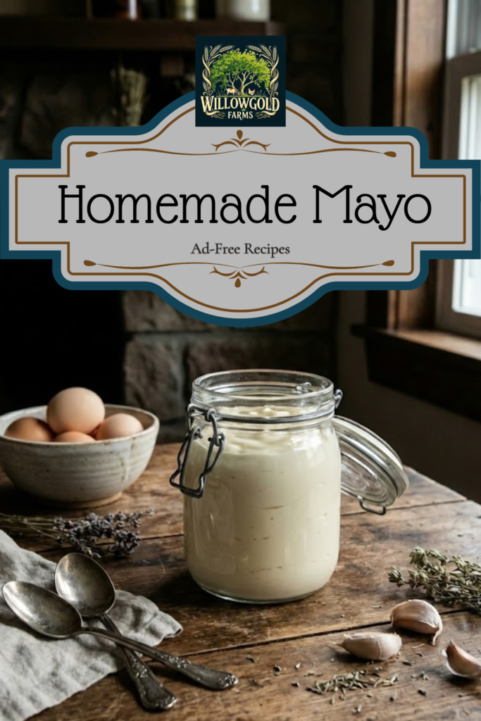 A vintage glass jar filled with thick, creamy homemade mayonnaise sitting on a dark wooden table, accompanied by fresh brown eggs, a wooden spoon, and a linen napkin in moody natural lighting.