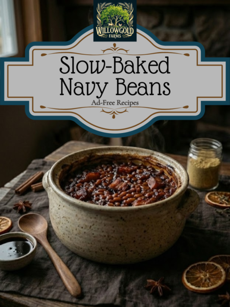 A heavy stoneware bean pot filled with dark, glossy baked beans and chunks of salt pork sits on a weathered wooden table. The scene includes a vintage silver spoon, a jar of molasses, dried herbs, and a dark linen napkin, with a stone fireplace dimly visible in the background.