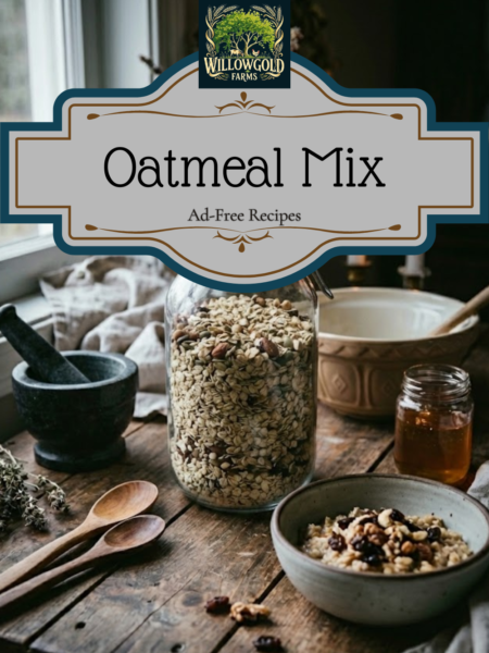 A large glass jar filled with layers of dry oatmeal ingredients including rolled oats, seeds, almonds, walnuts, and dried fruit sitting on a rustic wooden table next to a bowl of prepared oatmeal, a jar of honey, and wooden spoons.