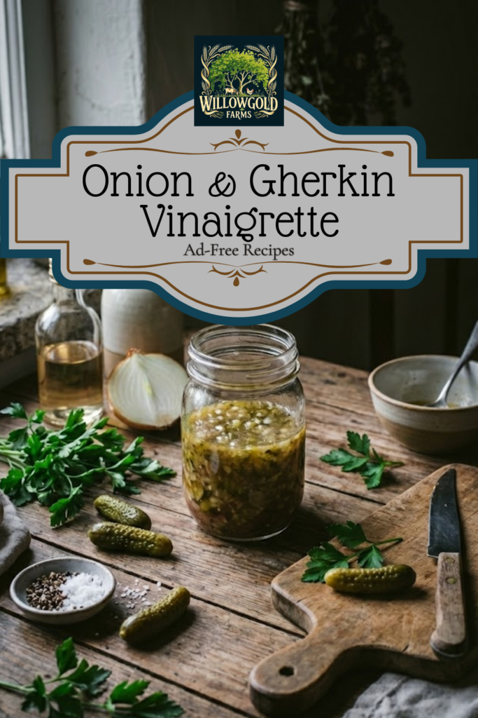 A jar of homemade onion and gherkin vinaigrette sitting on a rustic wooden table next to a sliced yellow onion, fresh parsley, whole gherkins, and a vintage knife.