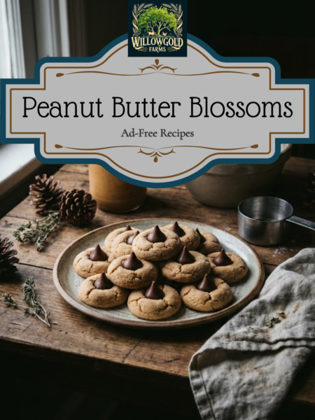 Rustic ceramic plate piled with freshly baked peanut butter blossom cookies topped with chocolate kisses, surrounded by a jar of peanut butter, a bowl of flour, and pinecones on a dark wooden table by a window.