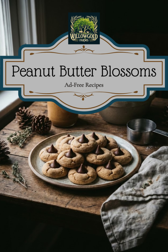 Rustic ceramic plate piled with freshly baked peanut butter blossom cookies topped with chocolate kisses, surrounded by a jar of peanut butter, a bowl of flour, and pinecones on a dark wooden table by a window.
