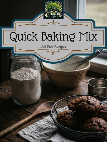 A glass storage jar filled with dry baking mix sitting on a dark rustic wooden table next to a wire basket of freshly baked muffins, a vintage mixing bowl, and a wooden spoon.