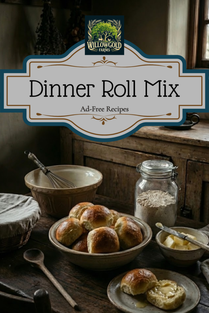 A glass jar filled with pre-measured dinner roll dry mix ingredients sitting on a dark wooden table next to a bowl of baked golden rolls and vintage baking tools in a moody cottage kitchen.