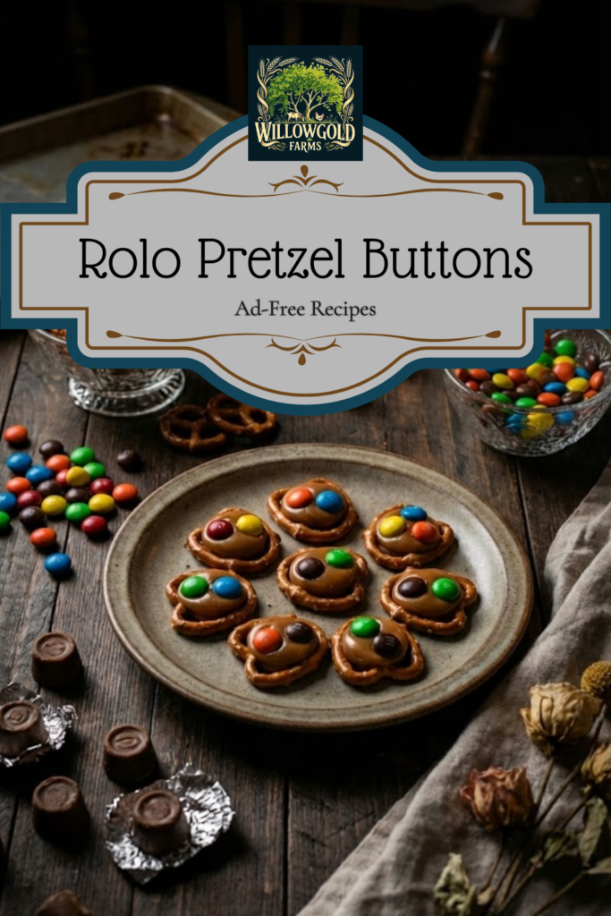 Rustic stoneware plate featuring easy 3-ingredient Rolo pretzel buttons topped with M&Ms, set on a dark wooden table with a vintage bowl of M&Ms and scattered pretzels for a dark cottagecore aesthetic.
