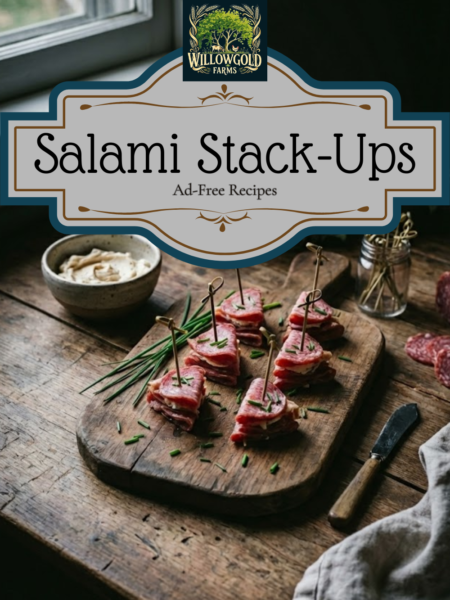 Wedges of layered salami and cream cheese appetizers secured with picks on a dark wooden cutting board, styled with fresh chives and vintage kitchen tools in natural light.