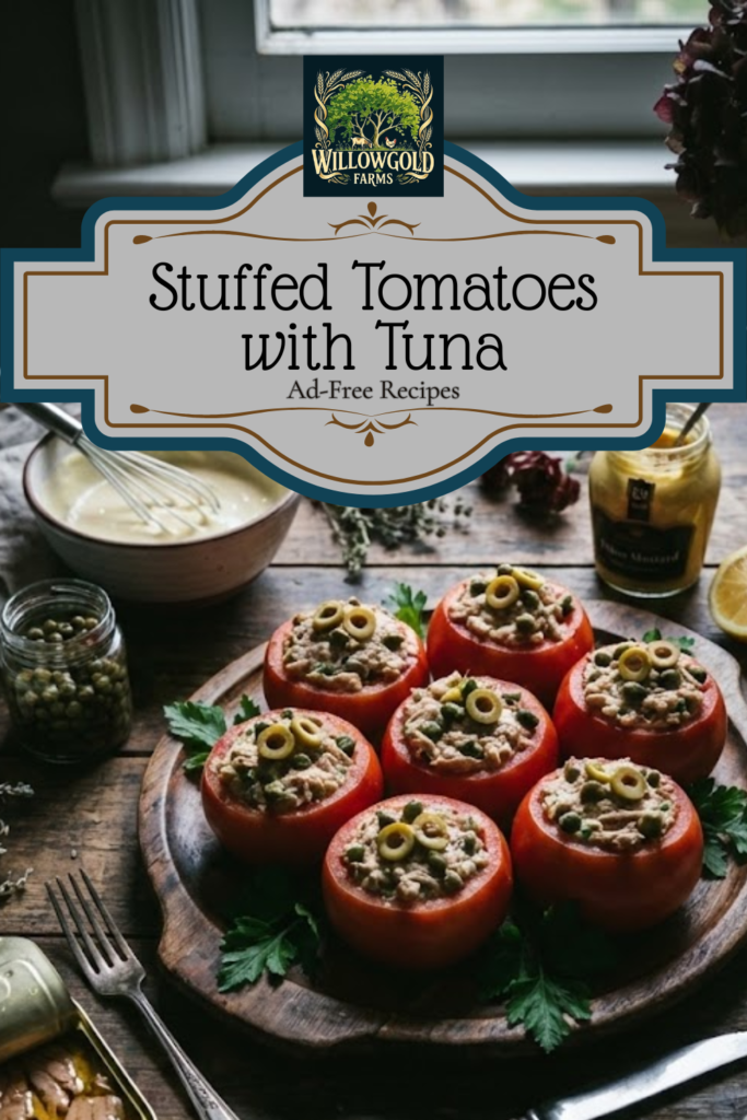 Six red ripe tomatoes stuffed with a savory tuna and caper salad arranged on a dark rustic wooden board. The scene includes an open can of olive oil-packed tuna, a ceramic bowl with a whisk for homemade mayonnaise, and lemons, styled in a dark cottagecore aesthetic