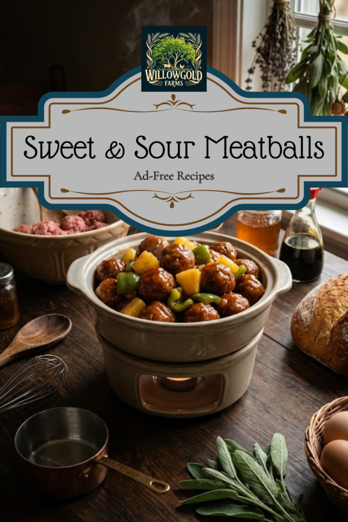 Ceramic chafing dish filled with glazed sweet and sour meatballs, pineapple chunks, and green peppers, set on a rustic wooden table surrounded by fresh sage leaves, a wire whisk, and vintage cooking equipment.